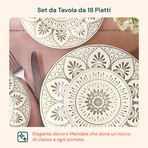 Servizio Piatti 18 Pezzi In Porcellana Decorazione Mandala Per 6 Posti Tavola