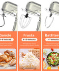 Planetaria Wintem tre accessori: gancio 1-6 velocità per pane pasta pizza, frusta 8-10 velocità per creme soufflé, battitore 1-7 velocità per insalate burro