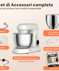 Planetaria Wintem Pro Five set accessori completi: gancio, frusta, battitore, ciotola 5L acciaio inox, coperchio, ricettario MixPro, dimensioni 40x22x31cm