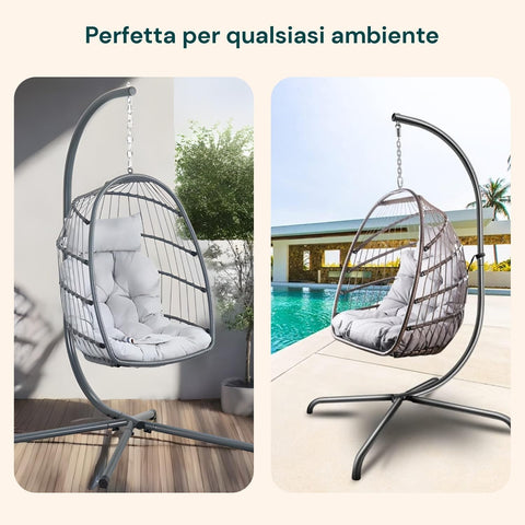 Poltrona a Dondolo Sospesa Gaia Grey in Rattan Artificiale Grigio Struttura Acciaio con Cuscini e Portata 140 kg Ean 8023755069100