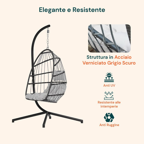 Poltrona a Dondolo Sospesa Gaia Grey in Rattan Artificiale Grigio Struttura Acciaio con Cuscini e Portata 140 kg Ean 8023755069100