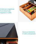 Cassetto Porta Capsule e Cialde in Bambù con ripiano in vetro, compatto con 4 scomparti. Ean 8056819042719