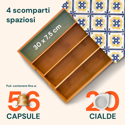 Cassetto Porta Cialde e Capsule in Bambù con Ripiano in Vetro Vari Sfondi