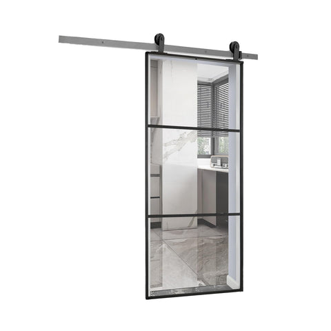 Porta Scorrevole Con Vetro Trasparente E Struttura In Alluminio 96x220cm Nero