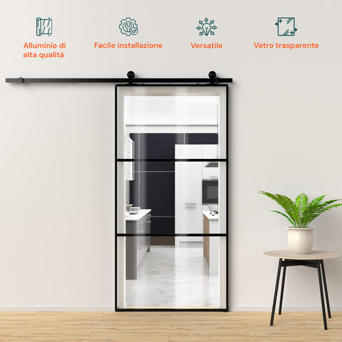 Porta Scorrevole Con Vetro Trasparente E Struttura In Alluminio 96x220cm Nero