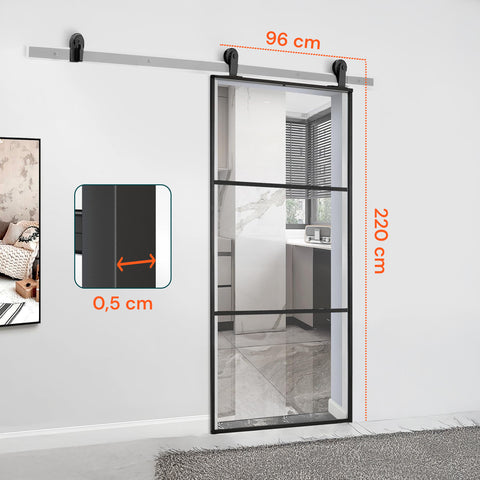 Porta Scorrevole Con Vetro Trasparente E Struttura In Alluminio 96x220cm Nero