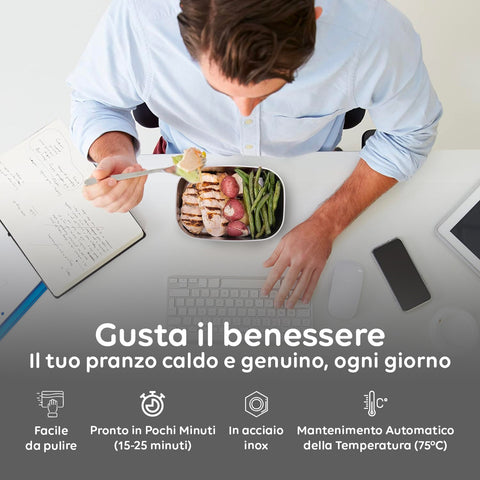 Uomo mangia pranzo caldo in ufficio con scaldavivande elettrico, pasto genuino pronto in 15-25 minuti, acciaio inox 75°C
