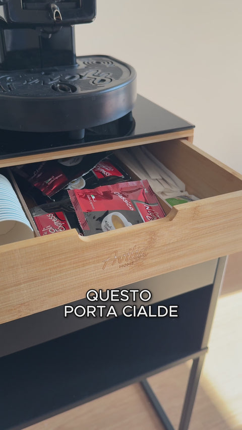 Cassetto Porta Capsule e Cialde in Bambù con ripiano in vetro, compatto con 4 scomparti. Ean 8056819042719