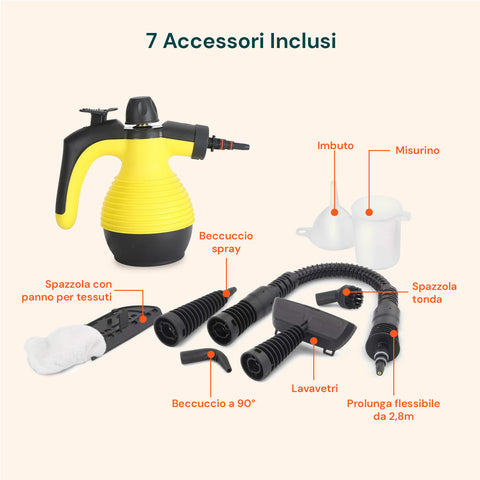 Pulitore a Vapore Portatile 100° 1050W Serbatoio 350ml con Riscaldamento Rapido e 7 Accessori Inclusi, Giallo  e Nero Ean 8059300010181
