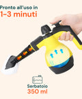 Pulitore a Vapore Portatile 100° 1050W Serbatoio 350ml con Riscaldamento Rapido e 7 Accessori Inclusi, Giallo  e Nero Ean 8059300010181
