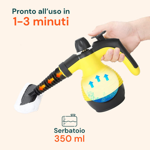 Pulitore a Vapore Portatile 100° 1050W Serbatoio 350ml con Riscaldamento Rapido e 7 Accessori Inclusi, Giallo  e Nero Ean 8059300010181