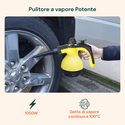 Pulitore a Vapore Portatile 100° 1050W Serbatoio 350ml con Riscaldamento Rapido e 7 Accessori Inclusi, Giallo  e Nero Ean 8059300010181