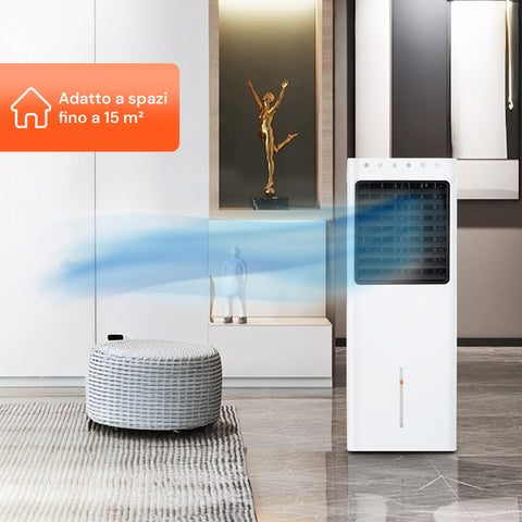 Raffrescatore d'aria evaporativo per ambienti fino a 15 m², design elegante bianco, ideale per soggiorno moderno con effetto nebulizzazione e raffreddamento ecologico
