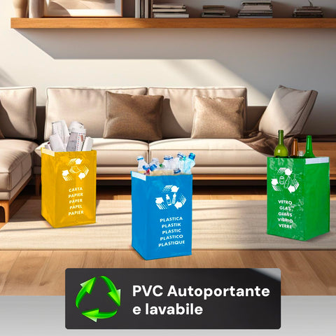 Borse ecologiche per raccolta differenziata in PVC lavabile con etichette multilingue - Sistema di contenitori colorati per separare carta, plastica e vetro perfettamente integrati nell'arredamento moderno