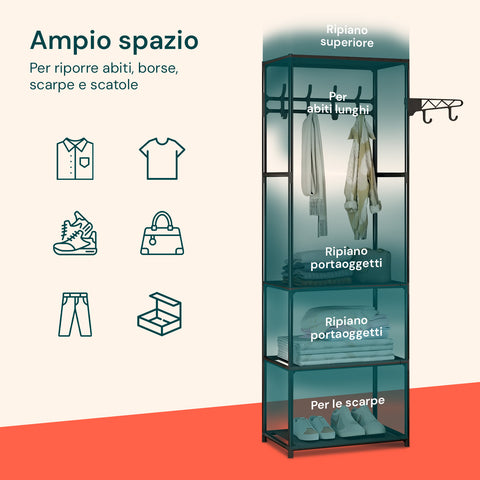 Ampio spazio per riporre abiti lunghi, borse, scarpe e scatole con ripiano superiore portaoggetti, capacità 4,5kg per ripiano