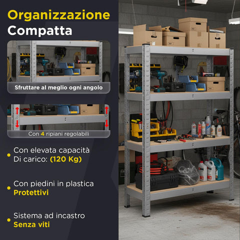 Scaffale Modulare con Struttura in Metallo e 4-5 Ripiani MDF Resistenti
