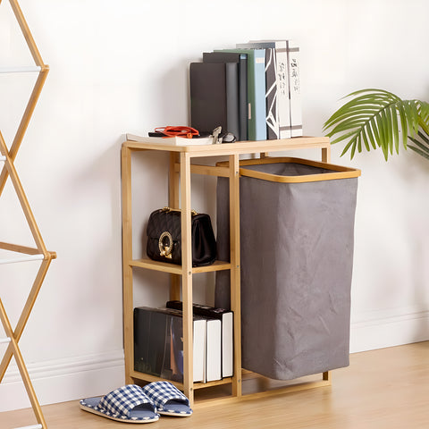 Avilia Scaffale Portabiancheria in Bambù con 2 Ripiani e Cestino in Stoffa Salvaspazio Multiuso Design Naturale Ean 8056819050110