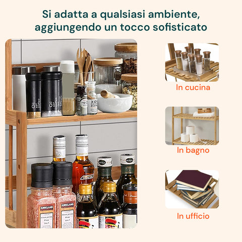 Scaffale organizer bambù si adatta a qualsiasi ambiente aggiungendo tocco sofisticato: cucina per spezie, bagno per accessori, ufficio per documenti