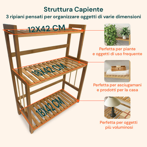 Struttura capiente con 3 ripiani per organizzare piante, asciugamani e oggetti voluminosi, perfetta per casa e ufficio