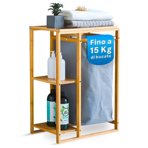 Avilia Scaffale Portabiancheria in Bambù con 2 Ripiani e Cestino in Stoffa Salvaspazio Multiuso Design Naturale Ean 8056819050110