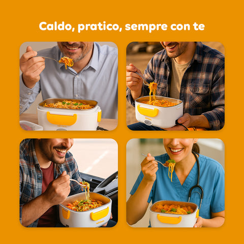 Scaldavivande elettrico Lunchy+ utilizzato da professionisti in ufficio, casa, auto e ambiente medico per pasti caldi