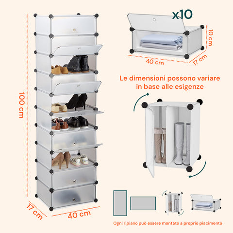 Scarpiera Multiuso 10 Ripiani Modulabili 40x17x10cm per Casa e Ufficio