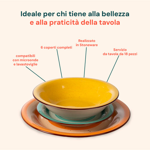 Servizio tavola stoneware con caratteristiche: 6 coperti completi, compatibile microonde e lavastoviglie, realizzato in porcellana resistente