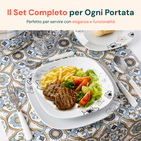 Servizio tavola Avilia set completo per ogni portata, perfetto per servire con eleganza e funzionalità, hamburger gourmet su tovaglia decorata