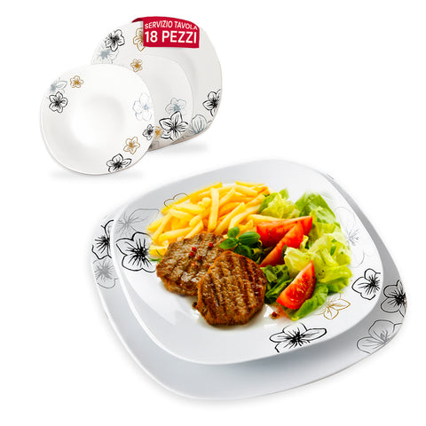 Servizio tavola Avilia 18 piatti quadrati in porcellana con decorazione Narciso, hamburger gourmet con patatine e verdure fresche