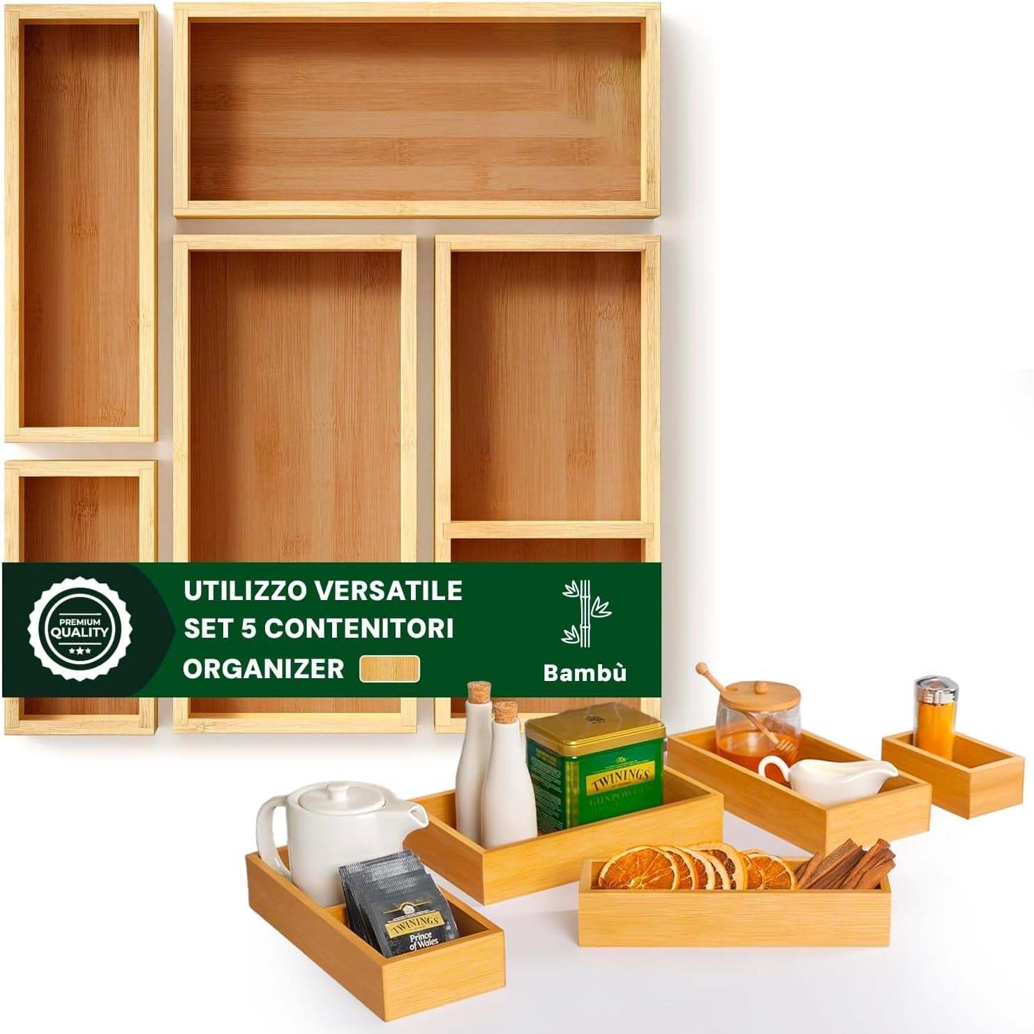 Avilia Set 5 Organizer Contenitori in Bambù Modulabili Salvaspazio Multiuso per Casa e Cucina Ean 8056819050134