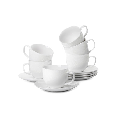 Lot de 6 tasses à café en porcelaine 80cc avec soucoupes - Décor floral en relief
