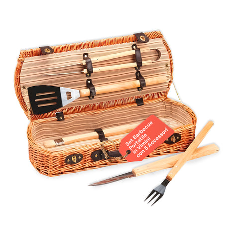 Panier Set Barbecue Portable Avec 5 Accessoires Dans Valisette En Osier