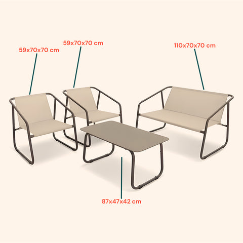 Set Nizza Salotto Con Tavolo In Vetro Divano E 2 Poltrone In Textilene Beige
