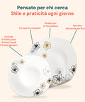 Servizio tavola Avilia pensato per stile e praticità ogni giorno: 6 coperti completi in porcellana con 6 piatti piani, fondi e dessert
