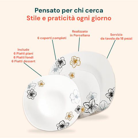 Servizio tavola Avilia pensato per stile e praticità ogni giorno: 6 coperti completi in porcellana con 6 piatti piani, fondi e dessert