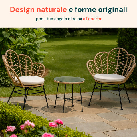 Set Fiji Salotto Con Tavolino In Vetro E 2 Sedie In Polyrattan