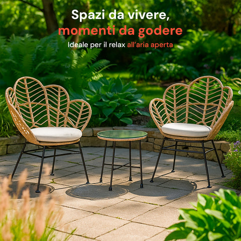 Set Fiji Salotto Con Tavolino In Vetro E 2 Sedie In Polyrattan