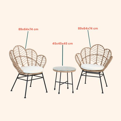 Set Fiji Salotto Con Tavolino In Vetro E 2 Sedie In Polyrattan