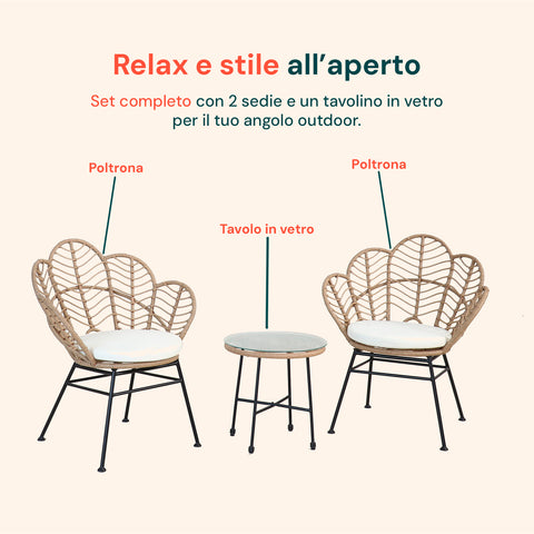 Set Fiji Salotto Con Tavolino In Vetro E 2 Sedie In Polyrattan