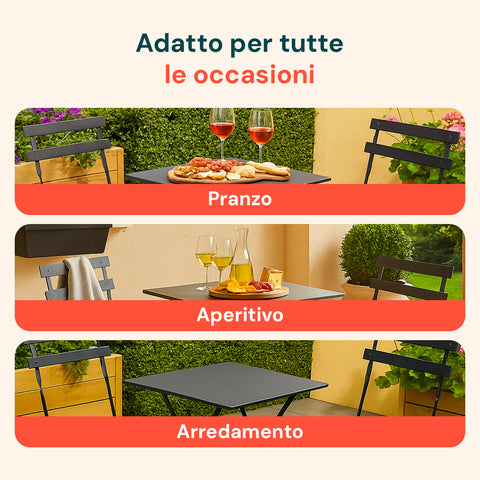 Set Koby Salotto Con Tavolo E 2 Sedie Pieghevoli In Metallo Antracite