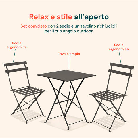 Set Koby Salotto Con Tavolo E 2 Sedie Pieghevoli In Metallo Antracite