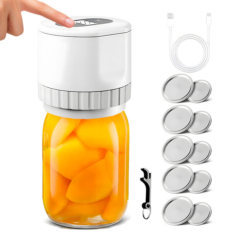Kit completo sigillatore sottovuoto con accessori: 10 coperchi metallici di ricambio, cavo USB-C per ricarica e cavatappi