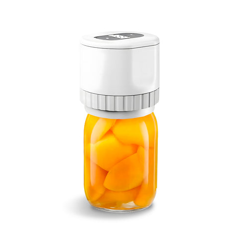 Sigillatore sottovuoto portatile con barattolo di vetro contenente frutta arancione, dispositivo bianco compatto per conservazione alimenti