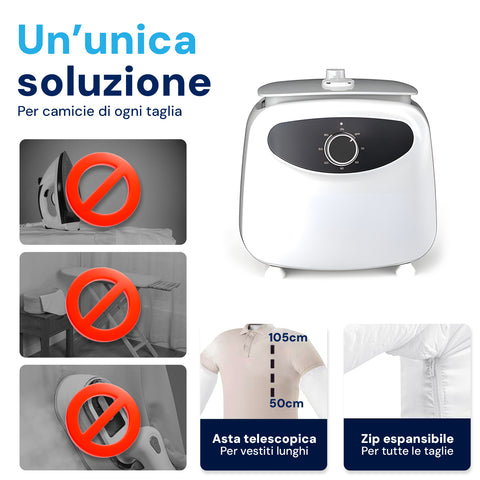 Soluzione unica per camicie di ogni taglia con altezza regolabile, asta telescopica per vestiti lunghi e zip espansibile