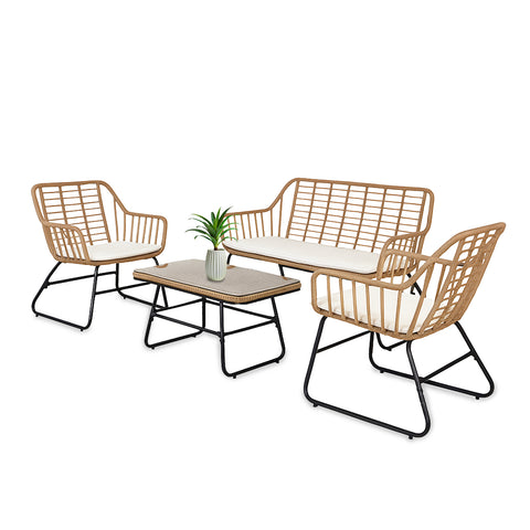 Ensemble salon de jardin Cebu avec table en verre, canapé et 2 fauteuils en polyrotin
