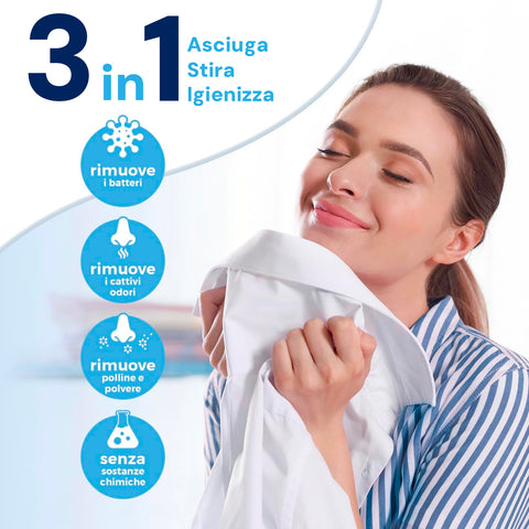 Stira e asciuga camicie 3 in 1: rimuove batteri, cattivi odori, polline e polvere senza sostanze chimiche