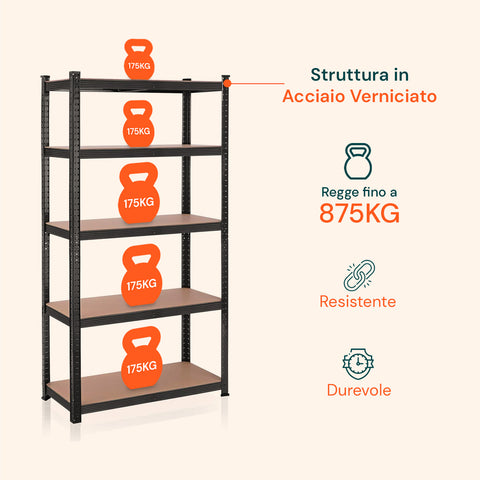 Struttura in acciaio verniciato nero con portata totale 875kg, 175kg per ripiano, resistente durevole per uso domestico professionale