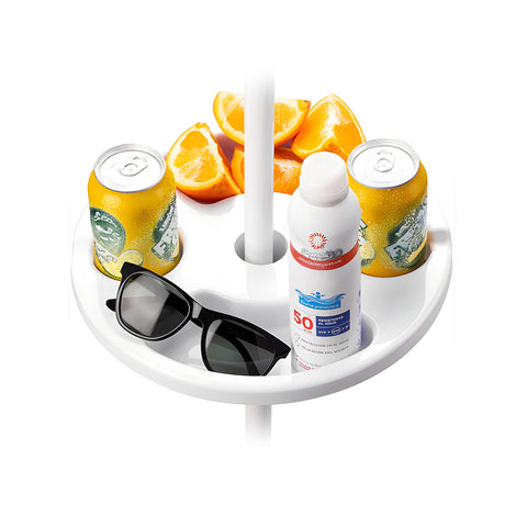 Tavolino tondo bianco per ombrellone Ø30cm con portabicchieri integrati, bibite e accessori da spiaggia per relax estivo