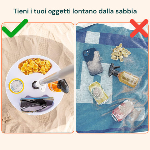 Confronto tavolino ombrellone: oggetti protetti e organizzati sul tavolino vs oggetti sparsi e sporchi di sabbia senza protezione