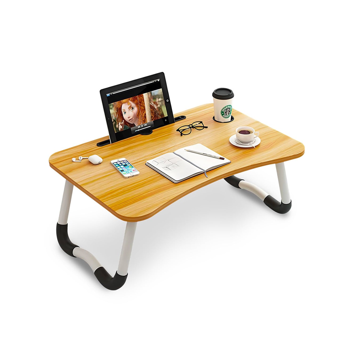 Avilia Tavolino Pieghevole Salvaspazio con Porta Bicchiere e Leggio per Tablet in Legno 60x40cm Ean 8056819050684